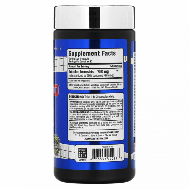 ALLMAX Nutrition, TribX90, ультраконцентрат, якорцы, 90% сапонинов фурастанолового типа, 750 мг, 90 капсул