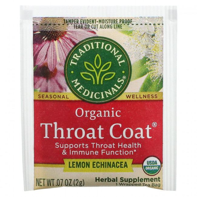 Traditional Medicinals, Organic Throat Coat, лимонная эхинацея, без кофеина, 16 чайных пакетиков в упаковке, 32 г (1,13 унции)