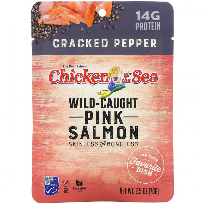 Chicken of the Sea, Горбуша из дикой рыбы, измельченный перец, 70 г (2,5 унции) Chicken of the Sea, Горбуша из дикой рыбы, измельченный перец, 70 г (2,5 унции)