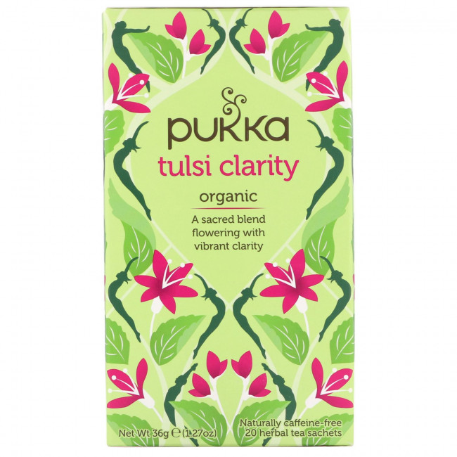 Pukka Herbs, Organic Tulsi Clarity, без кофеина, 20 пакетиков травяного чая, 1,27 унции (36 г) Pukka Herbs, Organic Tulsi Clarity, без кофеина, 20 пакетиков травяного чая, 1,27 унции (36 г)