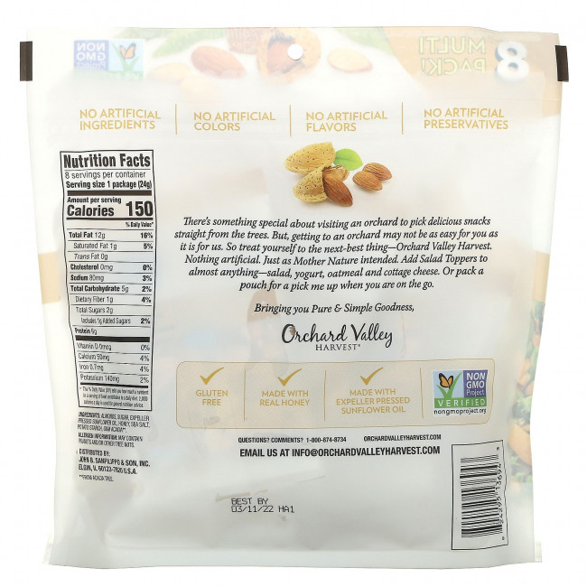 Orchard Valley Harvest, Обжаренный миндаль с медом, 8 пакетиков по 24 г (0,85 унции) Orchard Valley Harvest, Обжаренный миндаль с медом, 8 пакетиков по 24 г (0,85 унции)