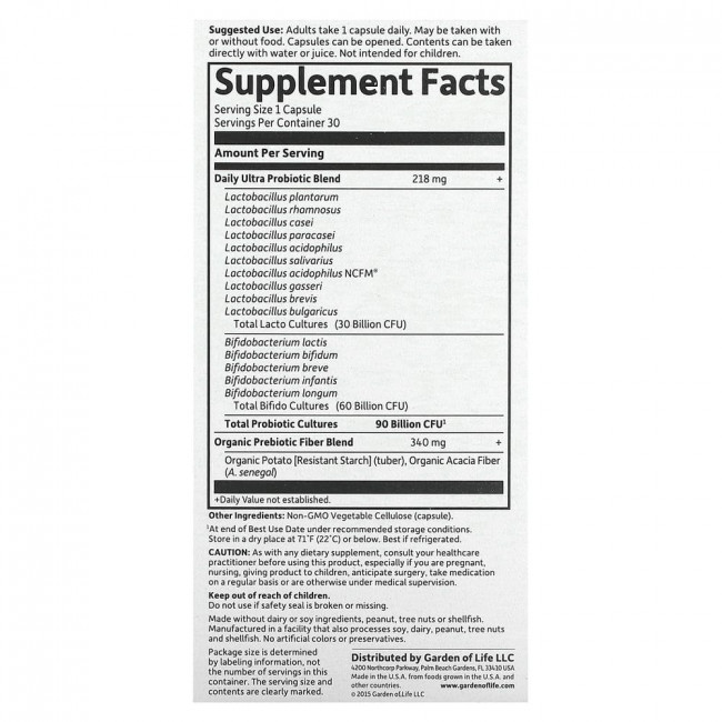 Garden of Life, Dr. Formulated Probiotics, пробиотики, для приема один раз в день, 90 млрд бактерий, 30 вегетарианских капсул