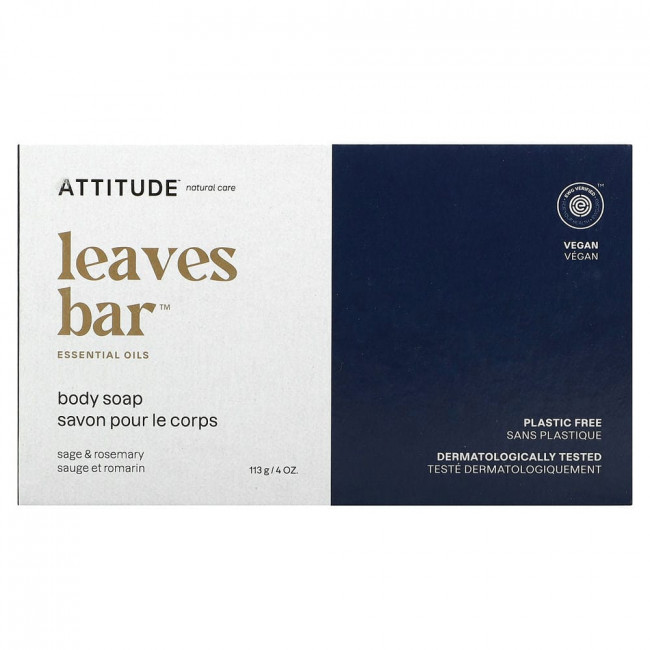 ATTITUDE, Leaves Bar, мыло для тела, шалфей и розмарин, 113 г (4 унции)