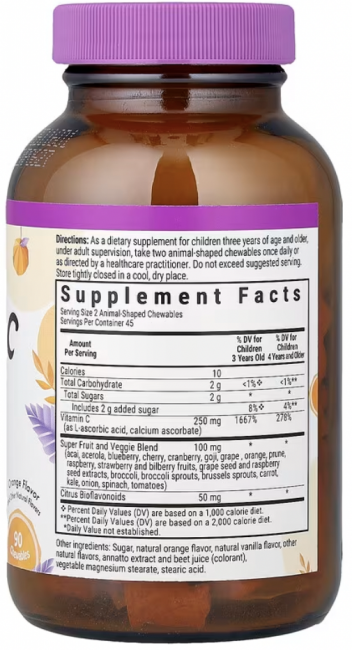 Bluebonnet Nutrition, Super Earth, Rainforest Animalz, витамин С, натуральный апельсиновый вкус, 90 жевательных таблеток в форме животных