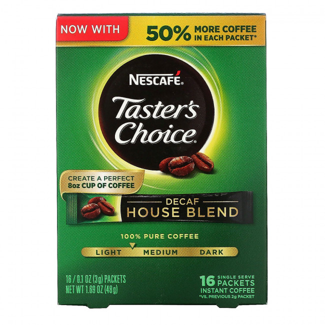 Nescaf?, Taster's Choice, растворимый кофе, домашняя смесь, легкая / средняя обжарка, без кофеина, 16 пакетиков по 3 г (0,1 унции)