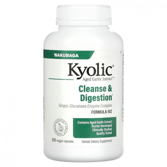 Kyolic, Aged Garlic Extract, выдержанный экстракт чеснока, для удаления дрожжевого грибка и улучшения пищеварения, формула 102, 200 вегетарианских капсул