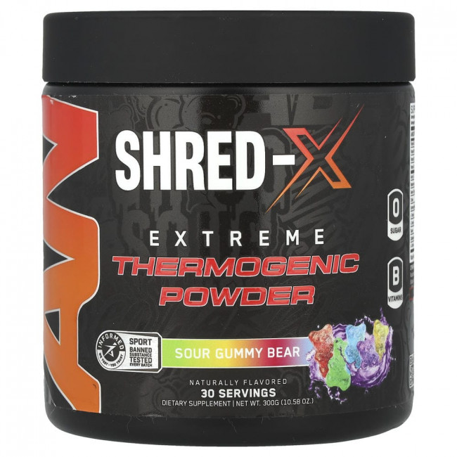 ABE, Shred-X, Экстремальный термогенный порошок, Кислые жевательные конфеты, 300 г (10,58 унций) ABE, Shred-X, Экстремальный термогенный порошок, Кислые жевательные конфеты, 300 г (10,58 унций)