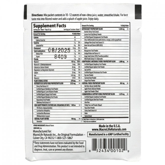 Macrolife Naturals, Miracle Reds, Superfood, Goji- Pomegranate- Acai- Mangosteen, 9.4 g