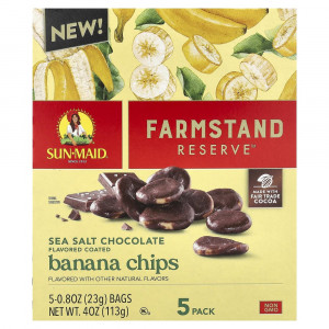 Sun-Maid, Farmstand Reserve™, банановые чипсы с морской солью и шоколадом, 5 упаковок по 23 г каждая.