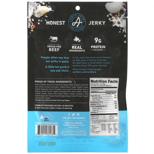 Country Archer Jerky, Вяленое мясо травяного откорма, оригинальное, 71 г (2,5 унции)