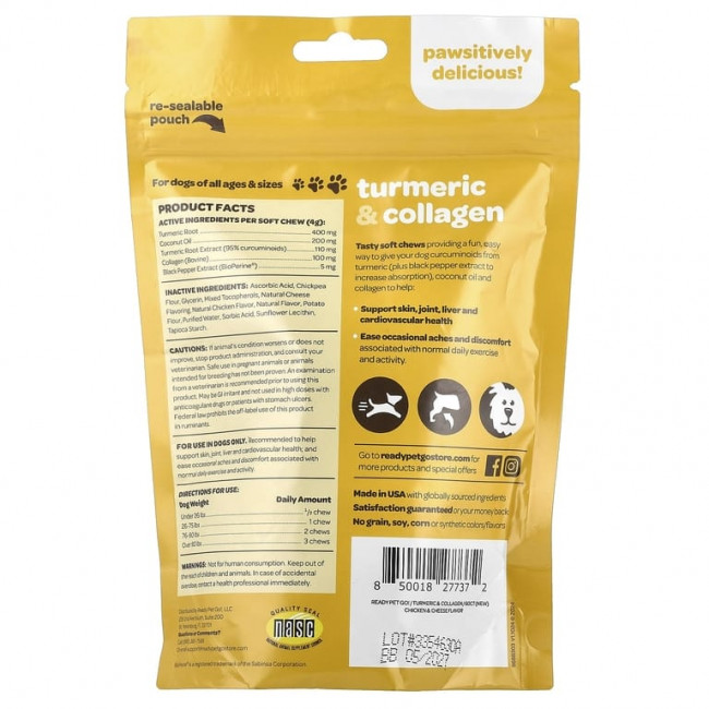 Ready Pet Go, Куркума и коллаген, для собак всех возрастов, со вкусом курицы и сыра, 60 мягких жевательных таблеток, 240 г (8,5 унции) Ready Pet Go, Куркума и коллаген, для собак всех возрастов, со вкусом курицы и сыра, 60 мягких жевательных таблеток, 240 г (8,5 унции)