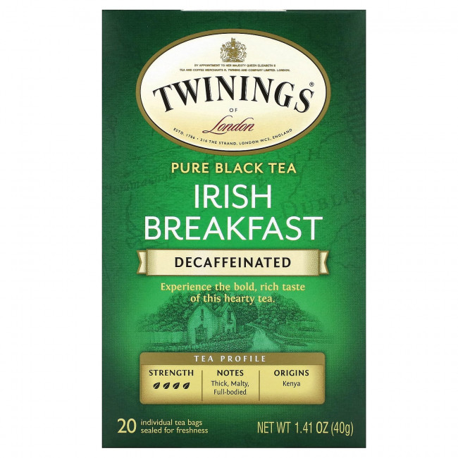 Twinings, Чистый черный чай, ирландский завтрак, без кофеина, 20 чайных пакетиков, 40 г (1,41 унции) Twinings, Чистый черный чай, ирландский завтрак, без кофеина, 20 чайных пакетиков, 40 г (1,41 унции)