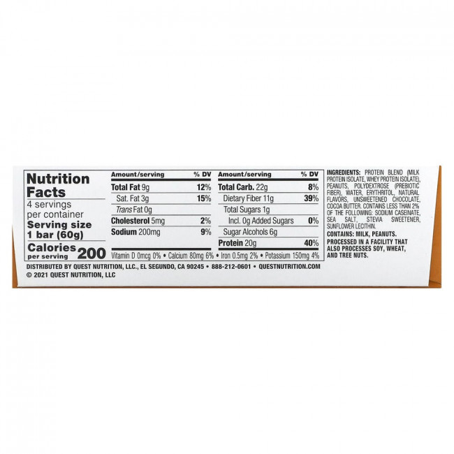Quest Nutrition, Protein Bar, шоколадно-арахисовая паста, 4 батончика, 60 г (2,12 унции)