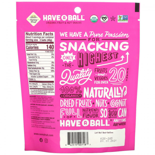 Sunny Fruit, Have A Ball, Organic Fruit & Nut Snacks, Cherry & Hazelnut, 4.44 oz ( 126 g) Sunny Fruit, Have A Ball, Organic Fruit & Nut Snacks, Cherry & Hazelnut, 4.44 oz ( 126 g)