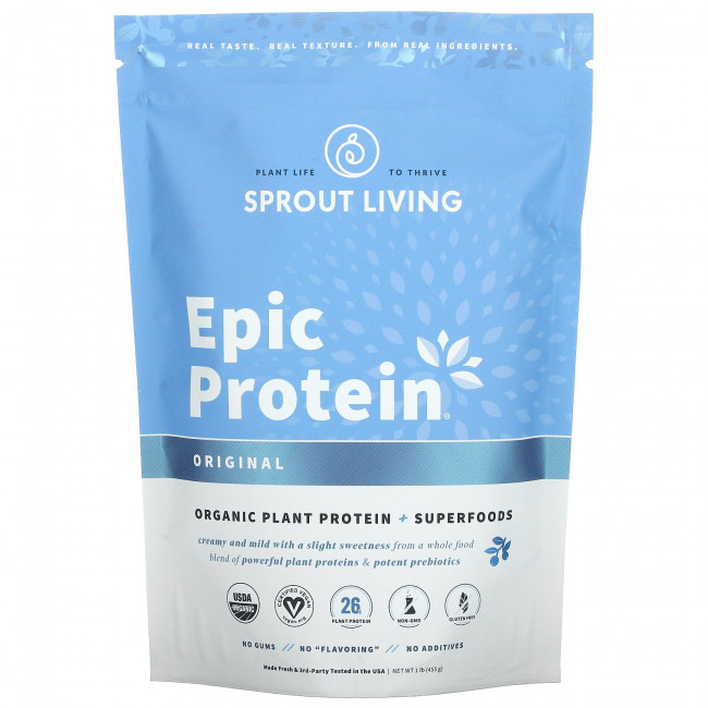 Sprout Living, Epic Protein, органический растительный протеин и суперфуды, классический вкус, 455 г (1 фунт) Sprout Living, Epic Protein, органический растительный протеин и суперфуды, классический вкус, 455 г (1 фунт)