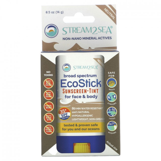 Stream2Sea, EcoStick, солнцезащитный тоник, SPF 35+, нейтральный, 14 г (0,5 унции)
