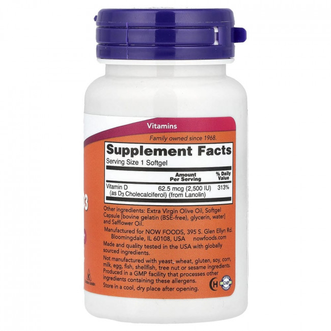 NOW Foods, Витамин D3, 2500 МЕ, 180 мягких капсул