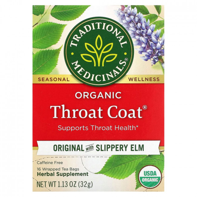 Traditional Medicinals, Throat Coat, органический чай, оригинальный со скользким вязом, без кофеина, 16 чайных пакетиков, 32 г (1,13 унции)