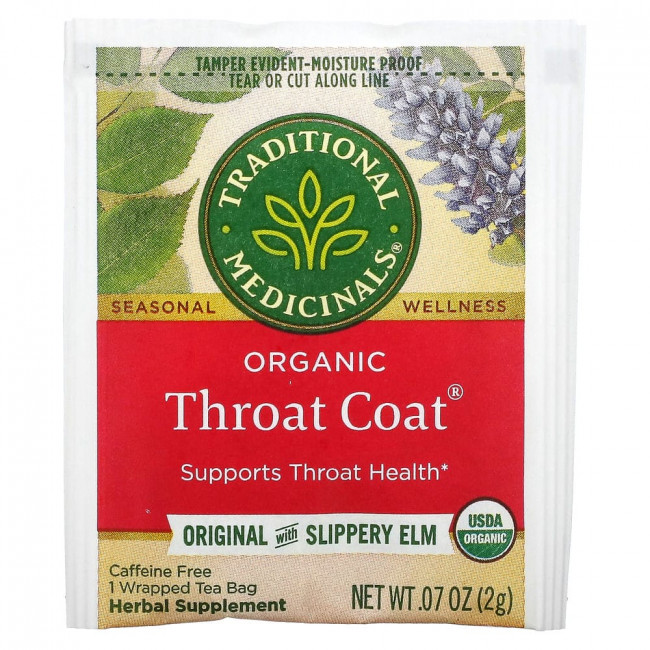 Traditional Medicinals, Throat Coat, органический чай, оригинальный со скользким вязом, без кофеина, 16 чайных пакетиков, 32 г (1,13 унции)