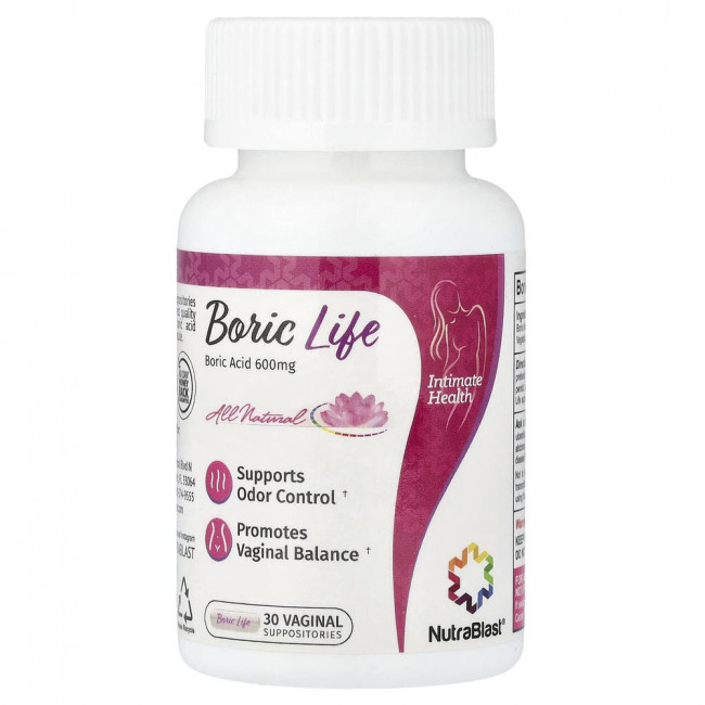 NutraBlast, Boric Life, борная кислота, 600 мг, 30 вагинальных суппозиториев NutraBlast, Boric Life, борная кислота, 600 мг, 30 вагинальных суппозиториев