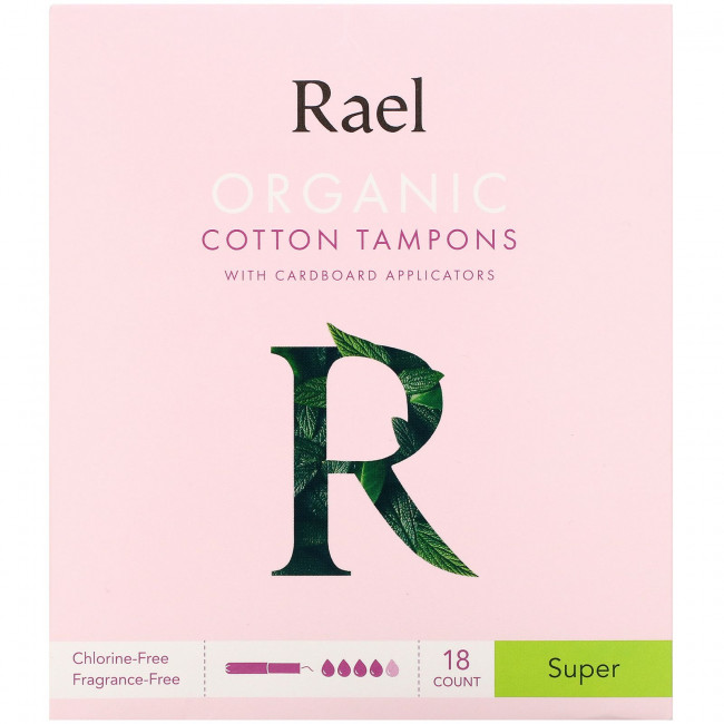 Rael, Тампоны из органического хлопка с картонными аппликаторами, супер, 18 шт.