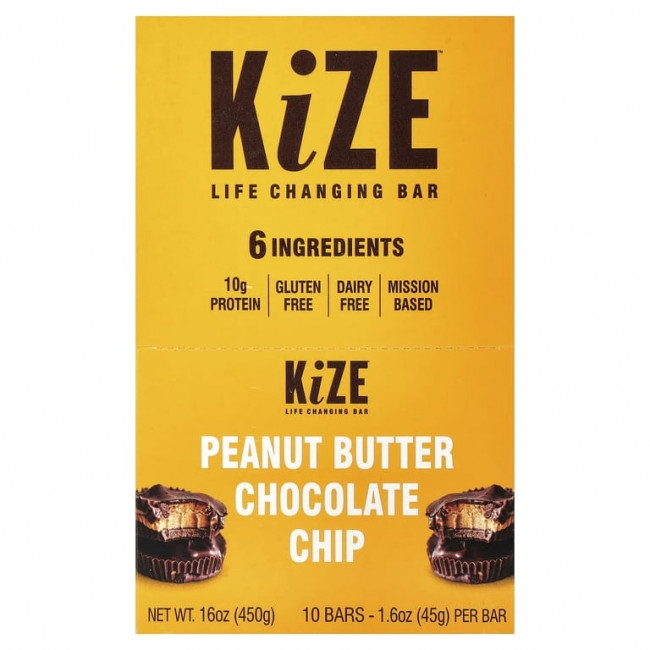 KiZE Life Changing Bar, арахисовая паста и шоколадная крошка, 10 батончиков по 45 г (1,6 унции)