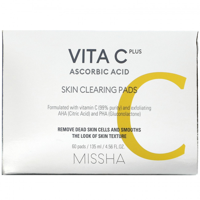 Missha, Vita C Plus Ascorbic Acid, Салфетки для очищения кожи, 60 подушечек Missha, Vita C Plus Ascorbic Acid, Салфетки для очищения кожи, 60 подушечек