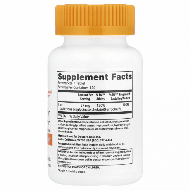 Doctor's Best, легкоусвояемое железо с Ferrochel, 27 мг, 120 таблеток