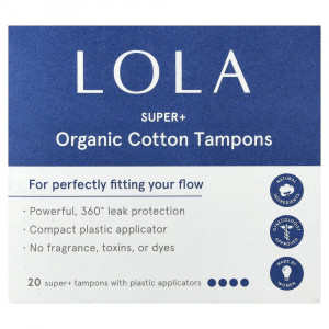 Lola, тампоны из органического хлопка с пластиковыми аппликаторами, Super+, 20 штук.