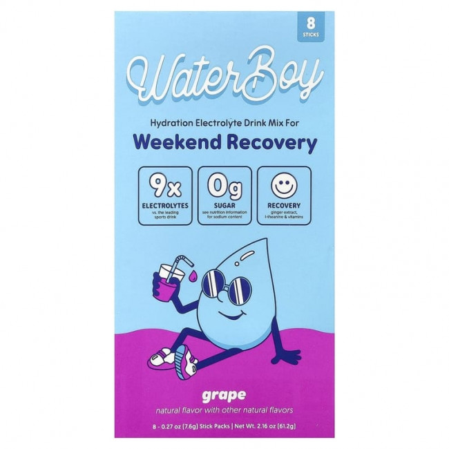 Waterboy, Weekend Recovery, смесь для приготовления гидратирующего и электролитного напитка, со вкусом винограда, 8 пакетиков по 7,6 г (0,27 унции)