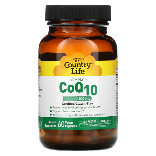 Country Life, CoQ10, коэнзим Q10, 100 мг, 60 веганских капсул Country Life, CoQ10, коэнзим Q10, 100 мг, 60 веганских капсул