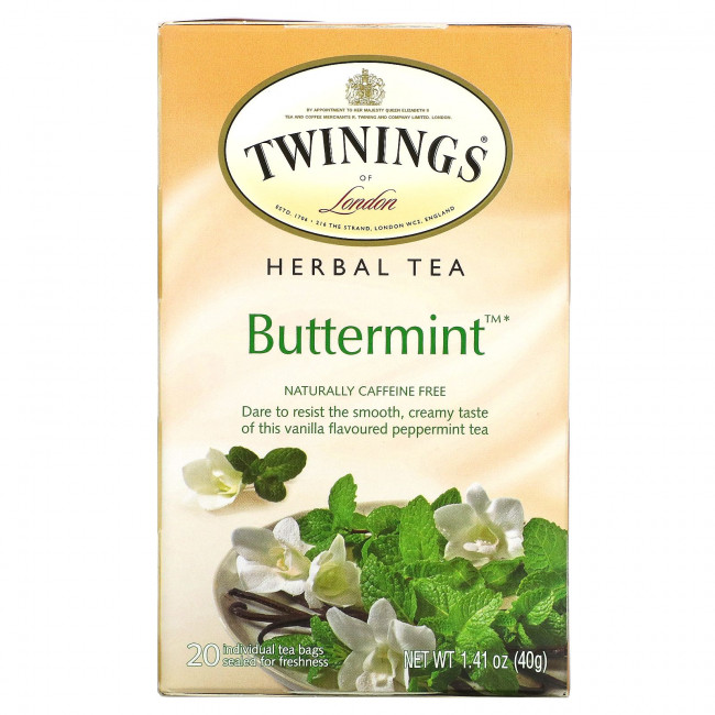 Twinings, Buttermint, травяной чай из мяты перечной, без кофеина, 20 чайных пакетиков в индивидуальной упаковке, 40 г (1,41 унции) Twinings, Buttermint, травяной чай из мяты перечной, без кофеина, 20 чайных пакетиков в индивидуальной упаковке, 40 г (1,41 унции)
