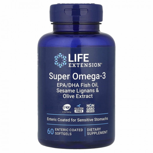 Life Extension, Super Omega-3, рыбий жир с ЭПК и ДГК, лигнанами кунжута и экстрактом оливы, 60 капсул, покрытых кишечнорастворимой оболочкой &mdash; 