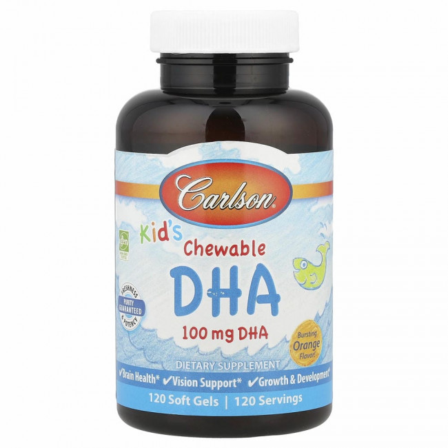 Carlson Labs, Жевательная ДГК для детей, с насыщенным вкусом апельсина, 100 мг, 120 мягких желатиновых капсул