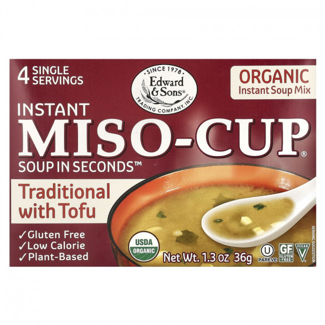 Edward & Sons, Instant Miso-Cup, мисо-суп быстрого приготовления, традиционный рецепт с тофу, 4 порции, 36 г (1,3 унции) Edward & Sons, Instant Miso-Cup, мисо-суп быстрого приготовления, традиционный рецепт с тофу, 4 порции, 36 г (1,3 унции)