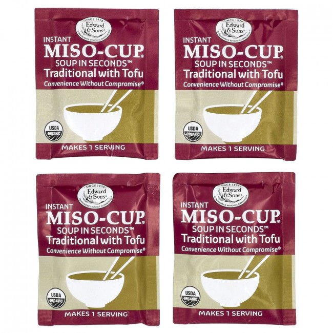 Edward & Sons, Instant Miso-Cup, мисо-суп быстрого приготовления, традиционный рецепт с тофу, 4 порции, 36 г (1,3 унции) Edward & Sons, Instant Miso-Cup, мисо-суп быстрого приготовления, традиционный рецепт с тофу, 4 порции, 36 г (1,3 унции)