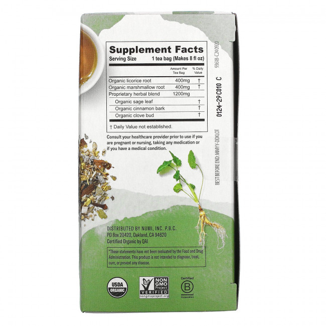 Numi Tea, Organic, успокаивающее средство для горла, без кофеина, 16 чайных пакетиков без ГМО, 32 г (1,13 унции) Numi Tea, Organic, успокаивающее средство для горла, без кофеина, 16 чайных пакетиков без ГМО, 32 г (1,13 унции)