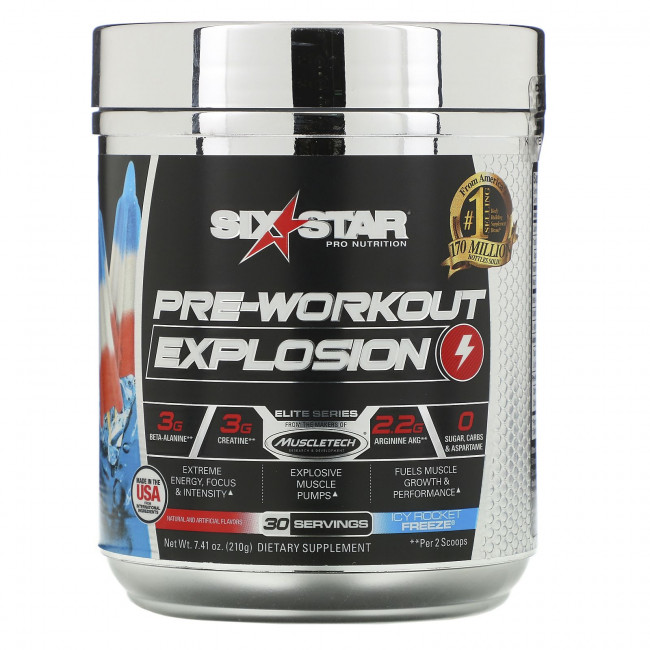 Six Star, Pre-Workout Explosion, ледяная ракета, 210 г (7,41 унции) Six Star, Pre-Workout Explosion, ледяная ракета, 210 г (7,41 унции)