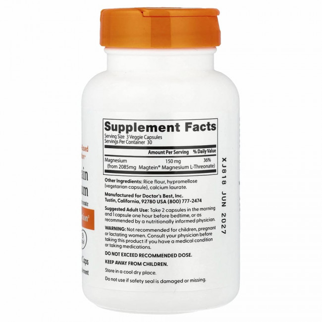 Doctor's Best, магний для здоровья мозга с Magtein, 50 мг, 90 вегетарианских капсул