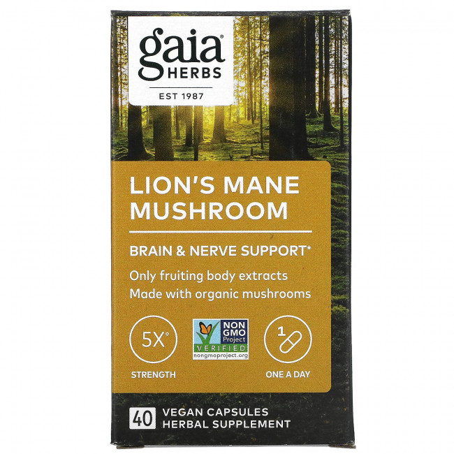 Gaia Herbs, Гриб львиная грива, 40 веганских капсул Gaia Herbs, Гриб львиная грива, 40 веганских капсул
