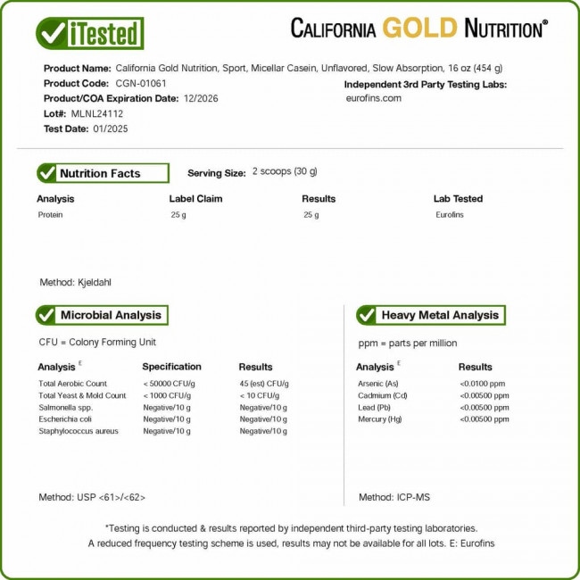 California Gold Nutrition, протеин мицеллярного казеина, без добавок, медленное усвоение, 454 г (16 унций)
