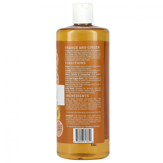 Dr. Jacobs Naturals, Чистое кастильское универсальное мыло на растительной основе с эфирным маслом апельсина и имбиря, 946 мл (32 унции)
