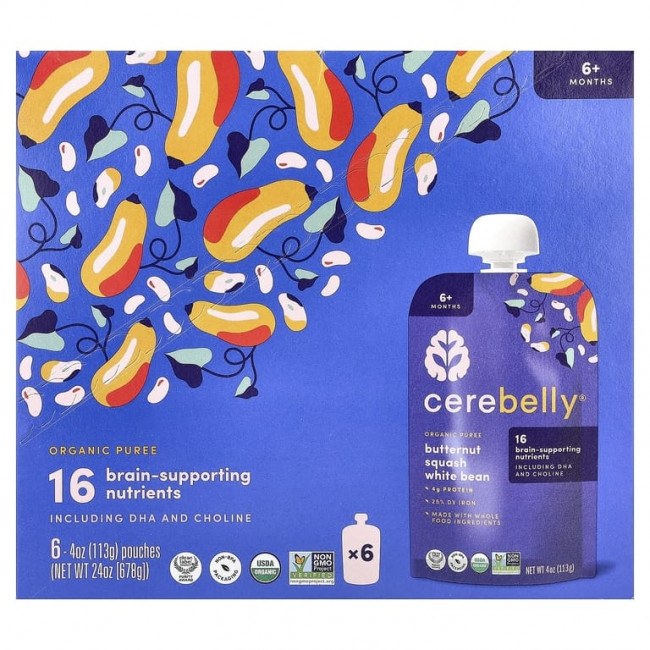Cerebelly, органическое пюре, для детей от 6 месяцев, мускатная тыква и белая фасоль, 6 пакетиков по 113 г (4 унции) Cerebelly, органическое пюре, для детей от 6 месяцев, мускатная тыква и белая фасоль, 6 пакетиков по 113 г (4 унции)