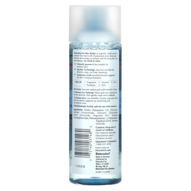 Eucerin, Hydrating Micellar Water + Hyaluronic Acid, 6.8 fl oz (200 ml) Eucerin, Hydrating Micellar Water + Hyaluronic Acid, 6.8 fl oz (200 ml)