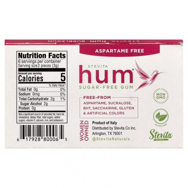 Stevita Naturals, Hum®, жевательная резинка без сахара, со вкусом жевательной резинки, 12 шт. Stevita Naturals, Hum®, жевательная резинка без сахара, со вкусом жевательной резинки, 12 шт.