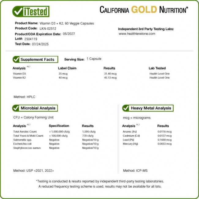 California Gold Nutrition, витамины D3 и К2, 60 растительных капсул California Gold Nutrition, витамины D3 и К2, 60 растительных капсул