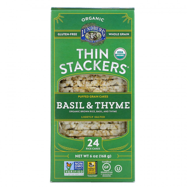 Lundberg, Organic Thin Stackers, воздушные зерновые пироги, базилик и чабрец, слабосоленые, 24 рисовых пирога, 168 г (6 унций) Lundberg, Organic Thin Stackers, воздушные зерновые пироги, базилик и чабрец, слабосоленые, 24 рисовых пирога, 168 г (6 унций)