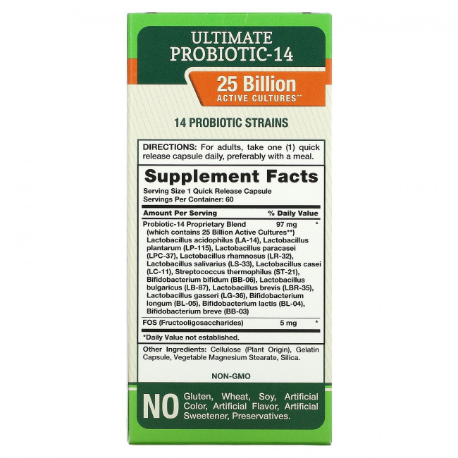 Nature's Truth, Ultimate Probiotic-14, 25 млрд, 60 капсул с быстрым высвобождением