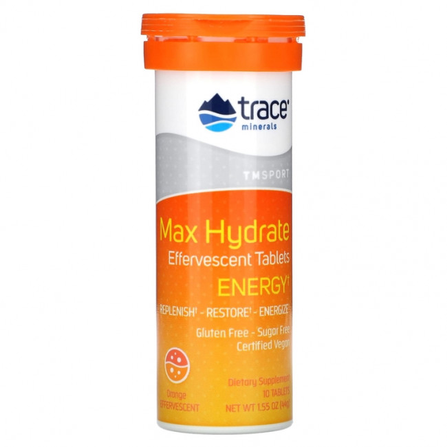 Trace Minerals ®, TM Sport, Max-Hydrate Energy, шипучие таблетки для повышения уровня энергии, со вкусом апельсина, 8 туб, по 10 таблеток в каждом Trace Minerals ®, TM Sport, Max-Hydrate Energy, шипучие таблетки для повышения уровня энергии, со вкусом апельсина, 8 туб, по 10 таблеток в каждом