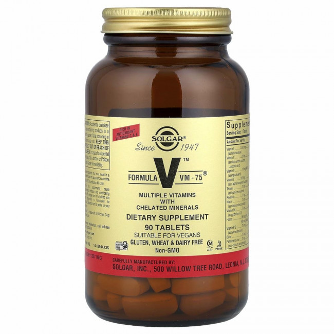Solgar, Formula V, VM-75, комплексные витамины с хелатными минералами, 90 таблеток
